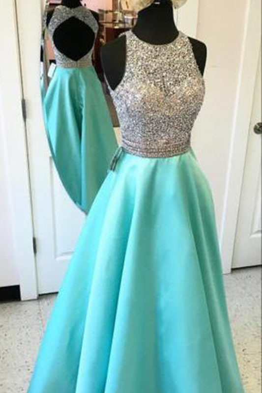 Illusion Beaded Tiffany Blue Satin A-line Prom Dress - Lun