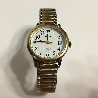 Timex Indiglo WR-10M 18K Gold Plated Date Womens Stretch Band .
