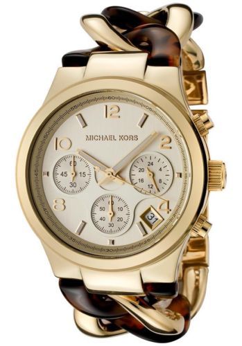 MICHAEL-KORS-MK4222-WOMENS-RUNWAY-CHRONO-GOLD-TONE-TORTOISE-CHAIN .