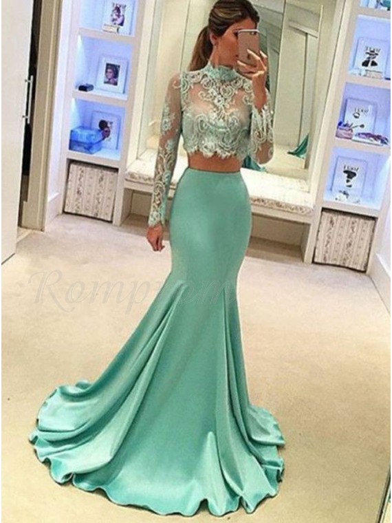 Two Piece Mermaid High Neck Long Sleeves Turquoise Prom Dress with .