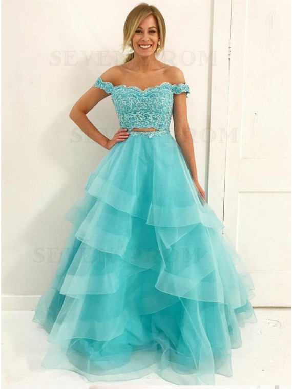 Buy Two Piece Off-the-Shoulder Floor-Length Turquoise Prom Dress .