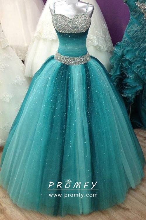 Beaded Ombre Teal & Turquoise Ball Gown Prom Dress | Puffy prom .