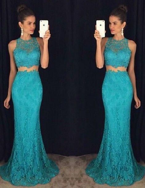 turquoise prom dress, long prom dress, two pieces prom dress, lace .