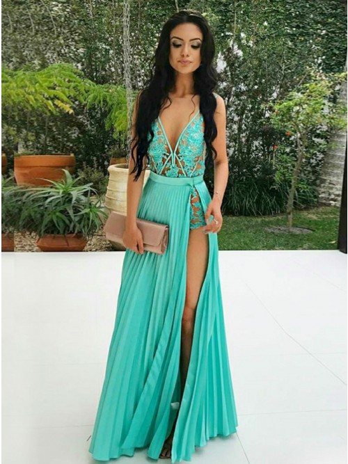 Buy A-Line V-Neck Turquoise Chiffon Prom Dress with Appliques Lace .