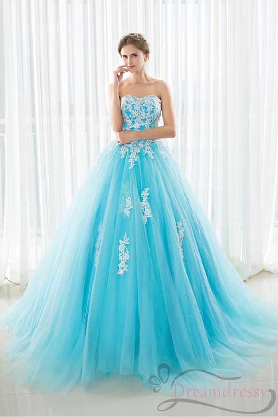 Sweetheart Turquoise Tulle Long Prom Dress with Appliq