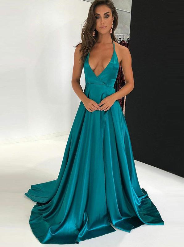 Turquoise Prom Dress,Halter Prom Dress with Train,Backless Evening .