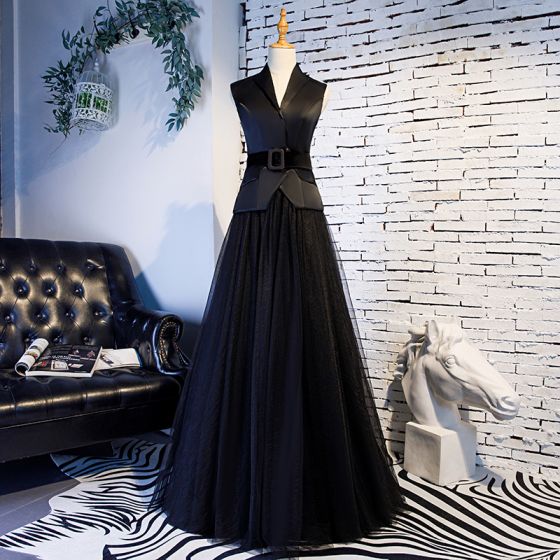 Vintage / Retro Black Prom Dresses 2019 A-Line / Princess V-Neck .