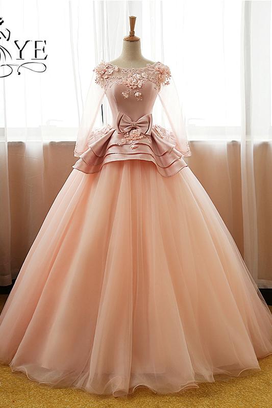 Vintage Pink Flower Long Sleeves Puffy Tulle Long Prom Dress,Ball .