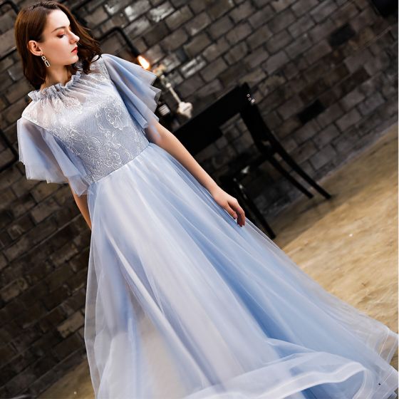 Vintage / Retro Sky Blue Prom Dresses 2019 A-Line / Princess Lace .