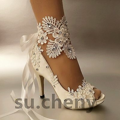 su.cheny 3" 4” heel white ivory satin lace ribbon open toe Wedding .