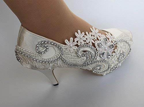 Amazon.com: 3" heel white ivory lace pearls satin open toe .