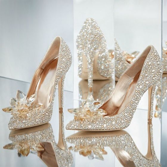 Luxury / Gorgeous Champagne Handmade Cinderella Wedding Shoes 2019 .