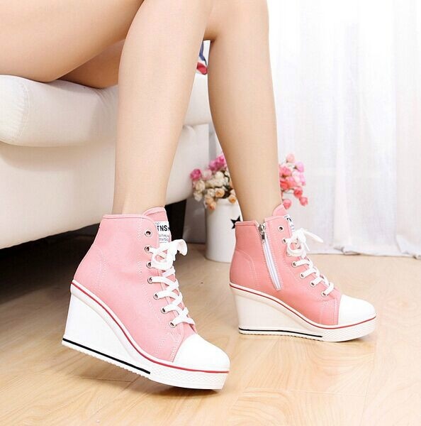 New fashion badge wedges high lacing elevator shoes female canvas .