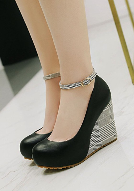 Black Round Toe Wedges Buckle Patchwork Fashion High-Heeled Shoes .