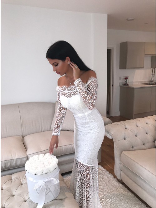 Mermaid Off-the-Shoulder Long Sleeves Floor-Length White Lace Prom .