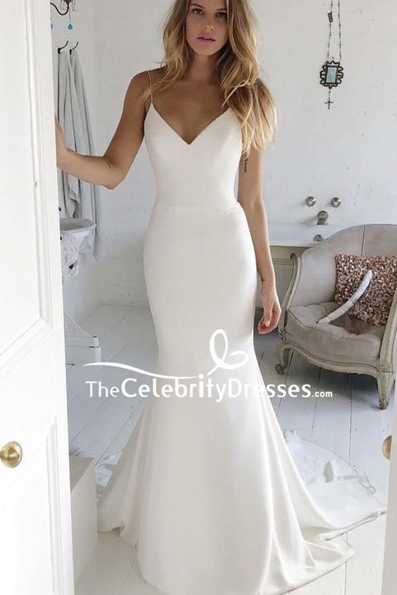 White Mermaid V-neck Spaghetti Straps Prom Dress - TheCelebrityDress