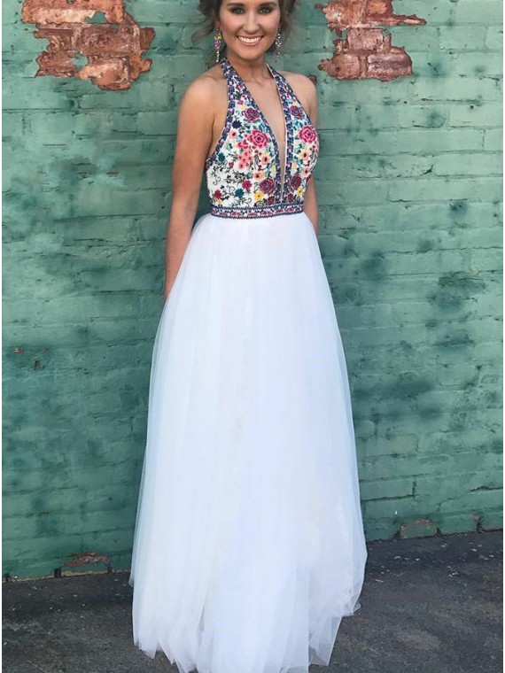Buy A-Line Halter Backless Floor-Length White Prom Dress with .