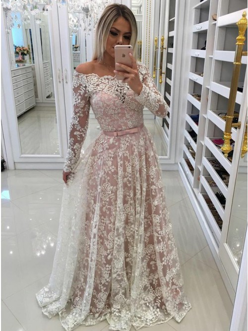 A-Line Off-the-Shoulder Long Sleeves White Prom Dress with .