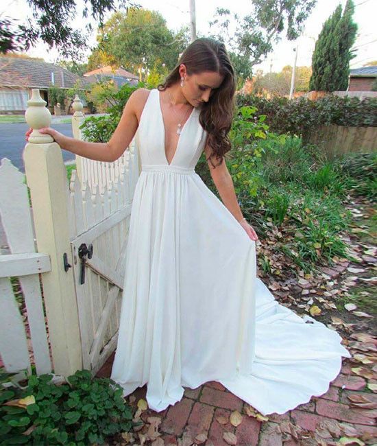 White Deep V Neck Long Prom Dress,Sleeveless Formal Dresses,Simple .