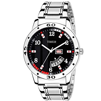 Buy Timer Fashionable Day and Date Wrist Watch Analog Dial Silver .
