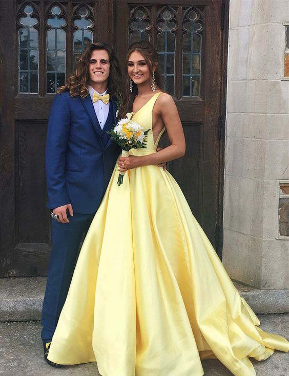 Yellow Prom Dress, 2018 Prom Dress, Elegant Party Dress, V Neck .
