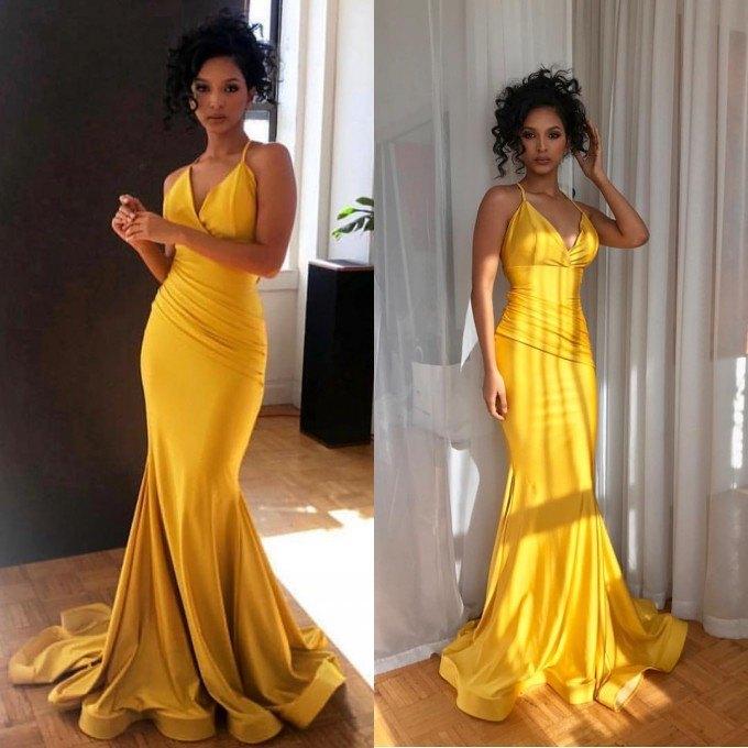 2020 Yellow Prom Dress V-Neck Sexy Mermaid Evening Gown – MyChicDre