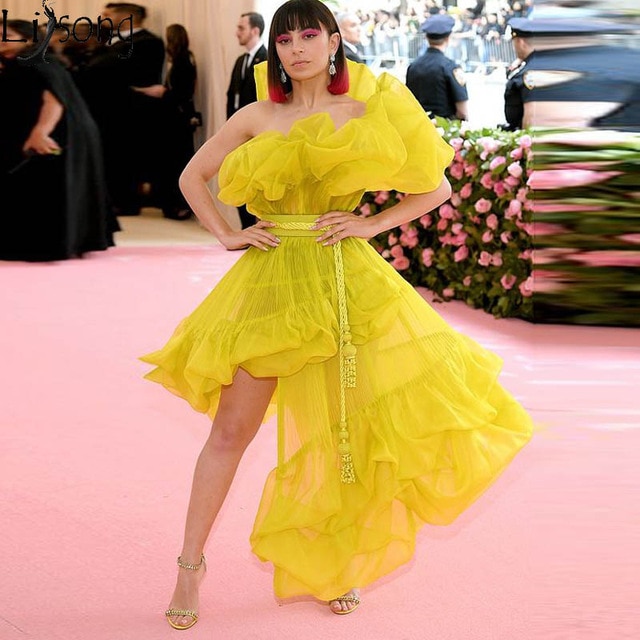 2020 Fashion Ruffled Neon Yellow Prom Dresses Asymmetrical .