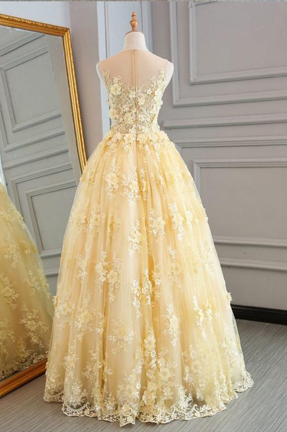 Chic A-line Scoop 3D Floral Lace Yellow Prom Dress Long Unique .