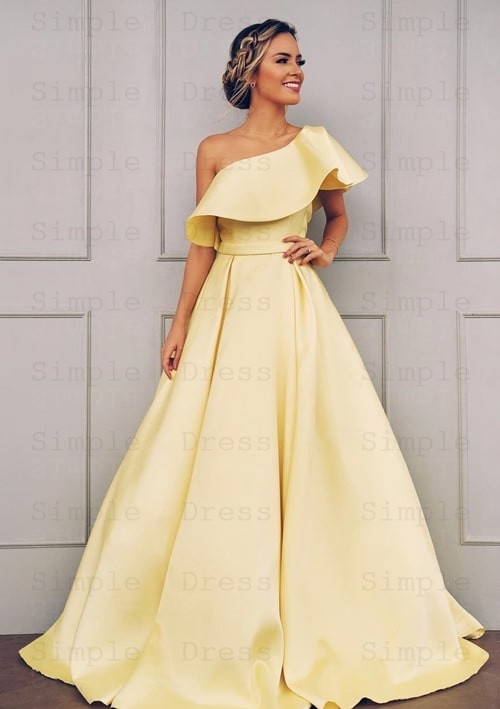A-line One-Shoulder Short Sleeves Floor Length Yellow Satin Prom .